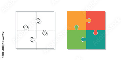 Four-piece puzzle illustration: one outlined in grayscale, one in bright colors (orange, red, green, teal). Concept of unity, teamwork, or problem-solving.