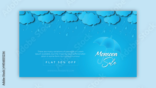 Monsoon Sale Promotion, Monsoon Sale Banner template Design with clouds and umbrella on blue background Template Vector Illustration with free spaces