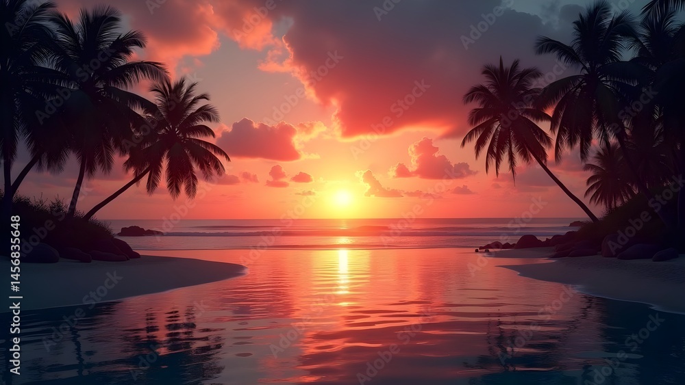 Sunset Serenity: Palm Trees Silhouetted Against a Vibrant Tropical Beach Scene Sunset Serenity: Palm Trees Silhouetted Against a Vibrant Tropical Beach Scene