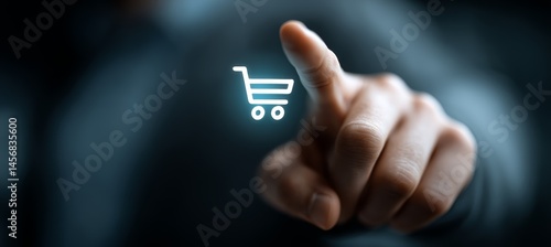 Obraz na płótnie Hand touch virtual trolley cart. Digital online payment system. Generative AI technology.
w salonie
