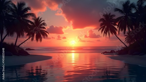 Sunset Serenity: Palm Trees Silhouetted Against a Vibrant Tropical Beach Scene