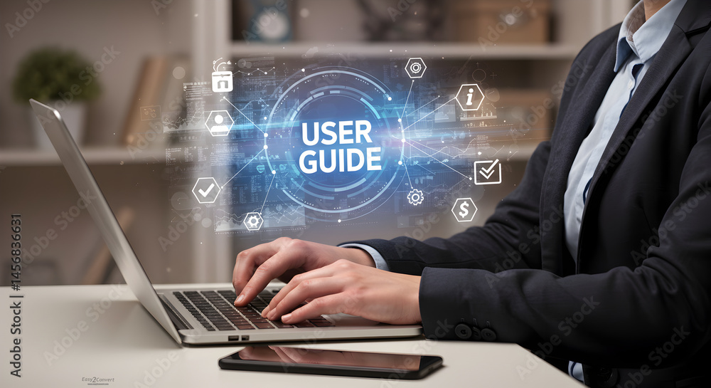 Businesswoman Creating Interactive User Guide with Digital Interface on Laptop Businesswoman Creating Interactive User Guide with Digital Interface on Laptop