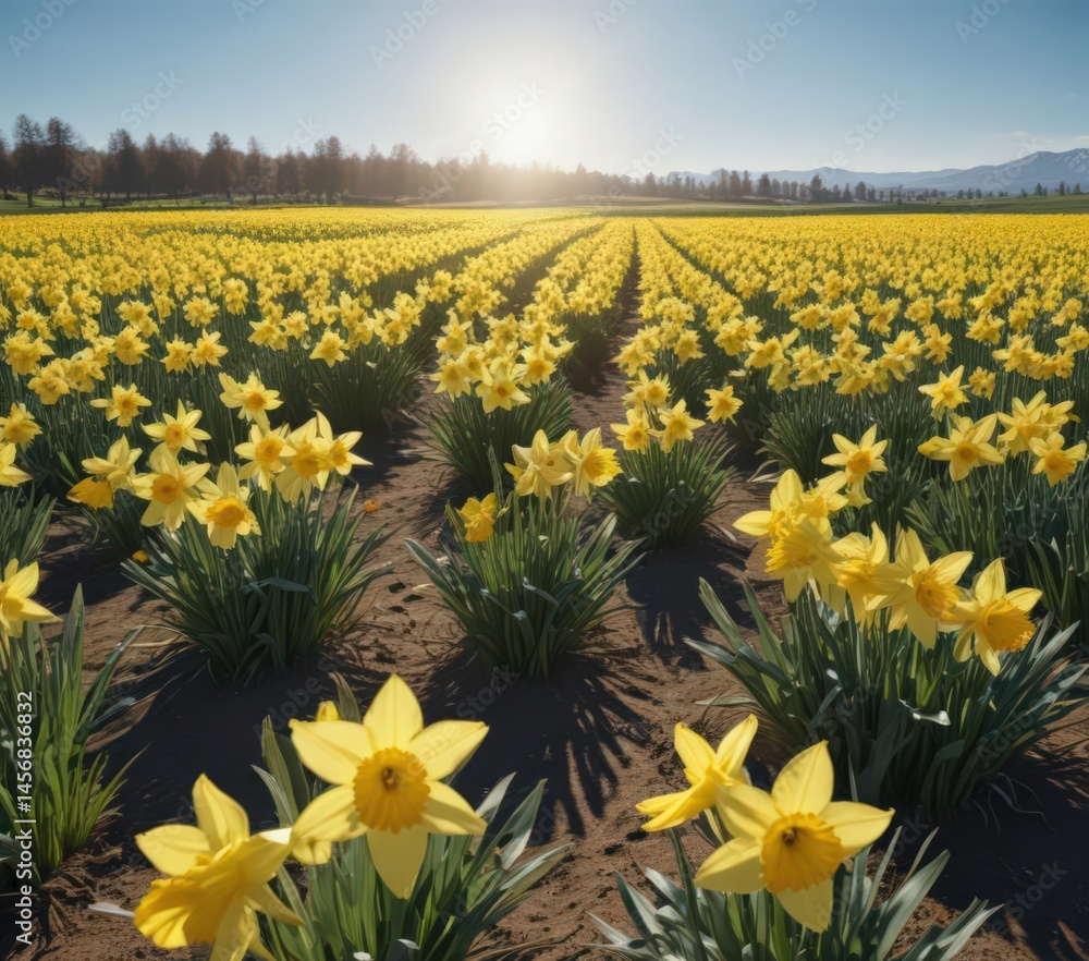 Fototapeta premium Expansive field of daffodils, sunny day, clear blue sky, wallpaper, beautiful, sun