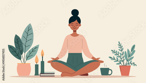 Peaceful woman practicing mindfulness meditation in lotus pose at home. Cozy wellness, self-care, mental health concept. Flat vector illustration. Perfect for digital, print design, self-care content.