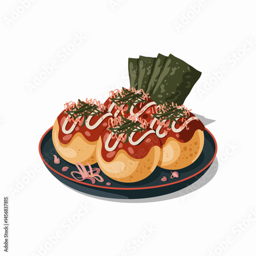 Takoyaki Octopus Balls with Sauce and Nori Vector