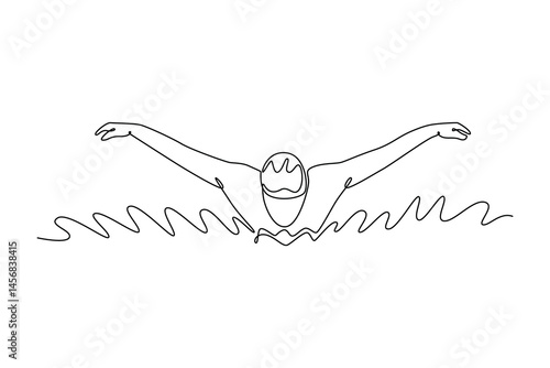 Continuous one line drawing male swimmer wearing cap doing butterfly stroke in swimming pool. Fitness, workout and person exercise for health, wellness. Single line design vector graphic illustration