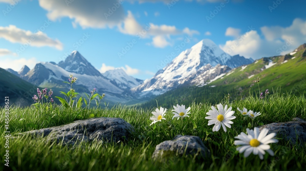 Fototapeta premium Scenic view of blooming daisies in a lush green meadow with majestic mountains in the background.