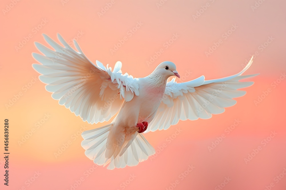 A white dove gracefully spreads its wings while flying through the vibrant hues of a sunset. The warm colors create a serene backdrop as the bird navigates the peaceful atmosphere A white dove gracefully spreads its wings while flying through the vibrant hues of a sunset. The warm colors create a serene backdrop as the bird navigates the peaceful atmosphere