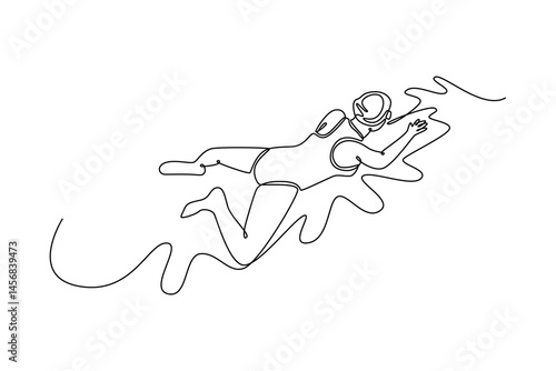 Single continuous line drawing top view female swimmer swimming breaststroke in swimming pool. Swimming technique, fitness, water sport, healthy lifestyle. One line graphic design vector illustration