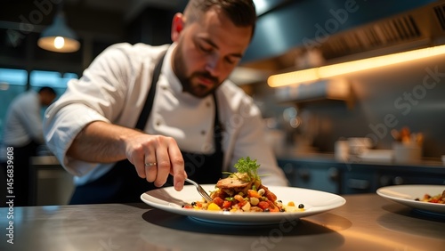Chef Expertly Plating Gourmet Meal in Restaurant Kitchen for Upscale Dining Experience