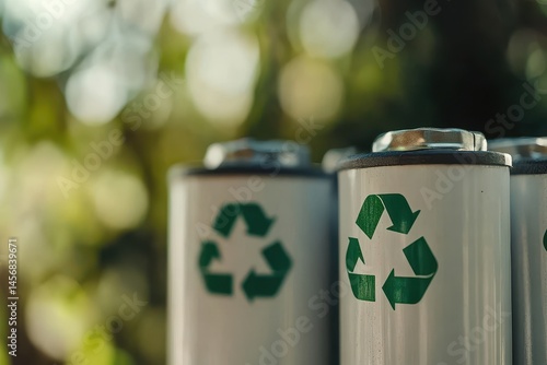 Recycling batteries arranged in a row, with a recycling symbol on each Blurred background of out of focus greenery and sunlight