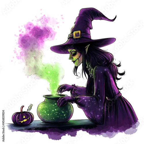 A Cartoon Witch Brewing a Potion Isolated on Transparent Background