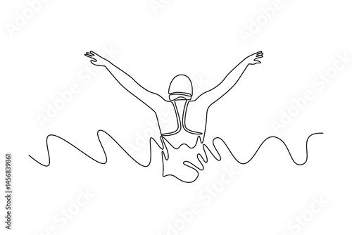 Single continuous line drawing back view female swimmer wearing cap doing butterfly stroke in swimming pool. Active woman, technique, fitness, water sport. One line graphic design vector illustration
