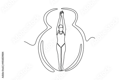 Single continuous line drawing underwater female swimmer in swimsuit getting ready to swim in swimming pool. Good preparation helping achieve better result. One line graphic design vector illustration