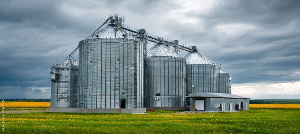 Metal modern silo tank. Agriculture farming business. Generative AI technology.