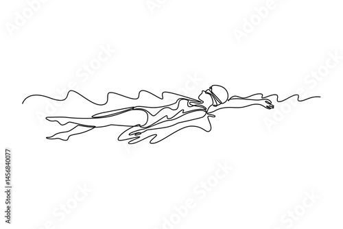 Single continuous line drawing side view beauty sportswoman in goggles and swimsuit swimming in backstroke or back crawl style during training in pool. One line draw graphic design vector illustration