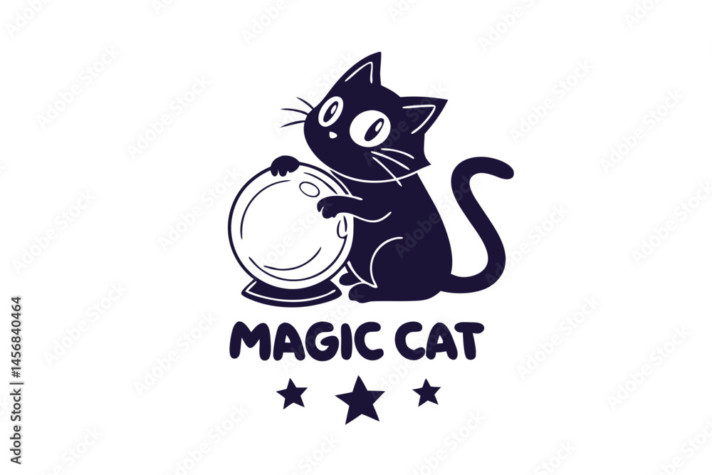 Cute Cartoon Black Cat Character Predicting the Future with a Crystal Ball and Stars, Minimalist Vector Graphic Illustration. Cute Cartoon Black Cat Character Predicting the Future with a Crystal Ball and Stars, Minimalist Vector Graphic Illustration.