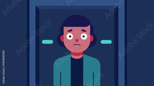 Closed Spaces Phobia A figure is inside an elevator visibly anxious with wide eyes and shallow breaths while the buttons light up unnaturally bright symbolizing a feeling of