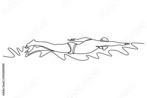 Single one line drawing male swimmer practice front crawl, freestyle technique in swimming pool. Professional athlete training for championship. Continuous line draw design graphic vector illustration