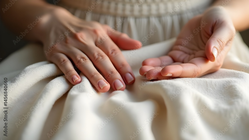 Close-up of Woman's Relaxed Hands on Soft Cream Fabric Close-up of Woman's Relaxed Hands on Soft Cream Fabric