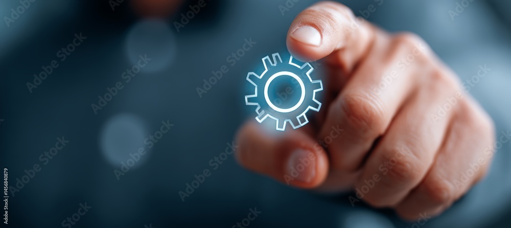 Hand touch virtual gear icon. Factory industry innovation and development. Generative AI technology.