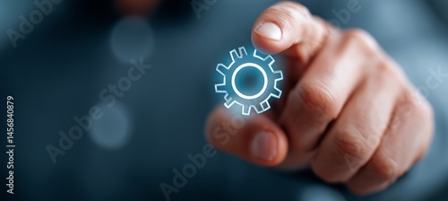 Obraz na płótnie Hand touch virtual gear icon. Factory industry innovation and development. Generative AI technology.
w salonie