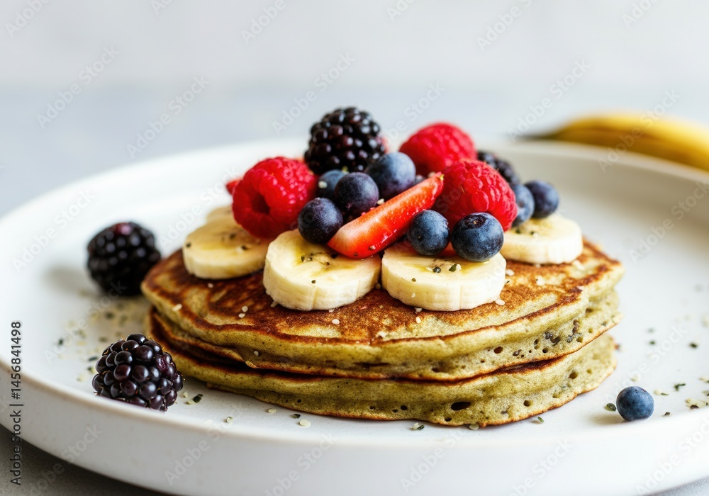 Delicious stack of hemp flour pancakes topped with fresh berries and banana slices Delicious stack of hemp flour pancakes topped with fresh berries and banana slices