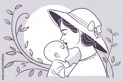 Elegant Mother with Baby in Line Art Style, Minimalist Design for Mother's Day and Family Concepts, Decorative Floral Elements.