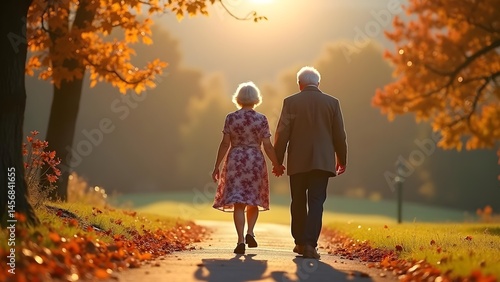 Romantic senior couple strolls hand-in-hand along a sunlit autumn path through a park at sunset