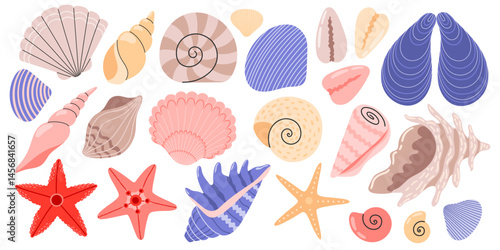 Sea shells set, mollusks, sea spiral snail, starfish. Ocean exotic underwater seashells collection stickers. Hand drawn vector illustration isolated on white background