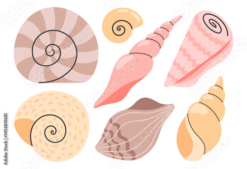 Sea shells set, mollusks, sea spiral snail. Ocean exotic underwater seashells collection stickers. Hand drawn vector illustration isolated on white background