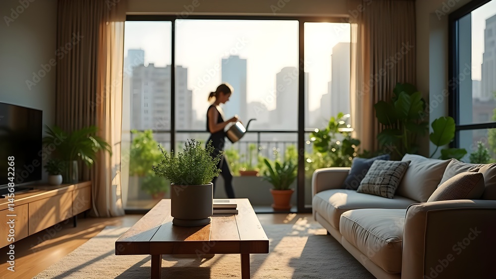 Fototapeta premium Woman tending to indoor plants on sunlit city apartment balcony, creating an urban home oasis, modern lifestyle.