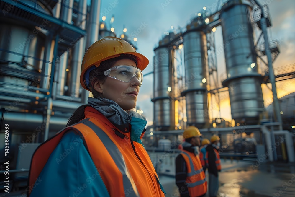 A group of workers, wearing safety helmets and reflective vests, focuses on the processing site of an industrial plant. The sunset creates a dramatic backdrop behind the large silos A group of workers, wearing safety helmets and reflective vests, focuses on the processing site of an industrial plant. The sunset creates a dramatic backdrop behind the large silos