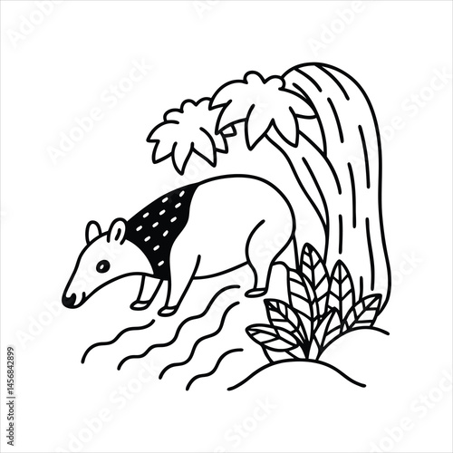 Cute Jungle Animal Tapir Coloring Page for Kids