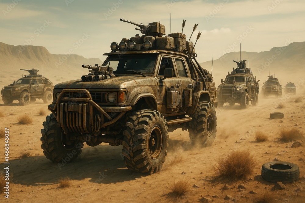 Fototapeta premium Post-Apocalyptic Vehicle Convoy in Desert Wasteland
