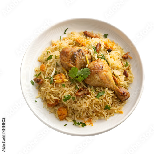 Photography White plate of chicken biryani top view isolated on white background