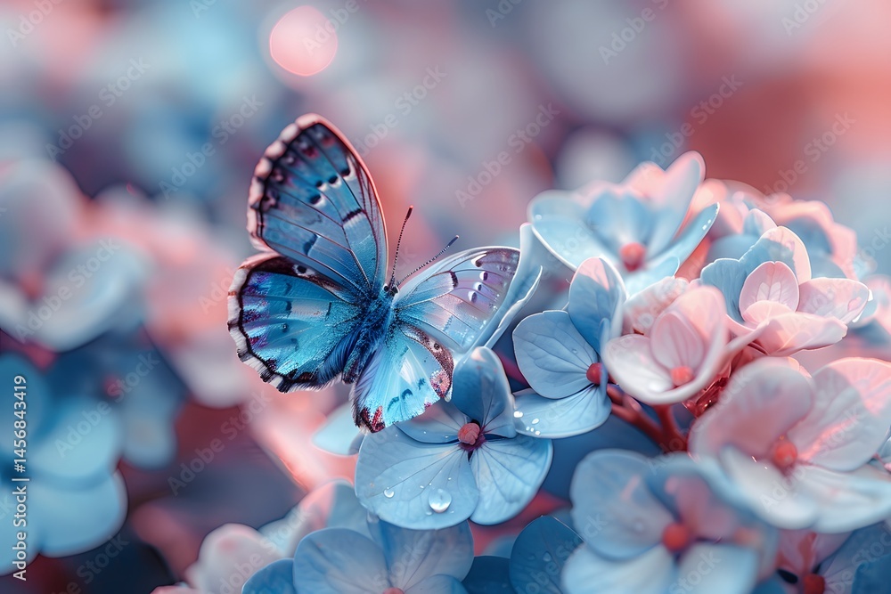 Fototapeta premium A delicate blue butterfly rests gently on clusters of vibrant blue flowers in a tranquil garden. The soft colors create a calming atmosphere, capturing a moment of natural beauty