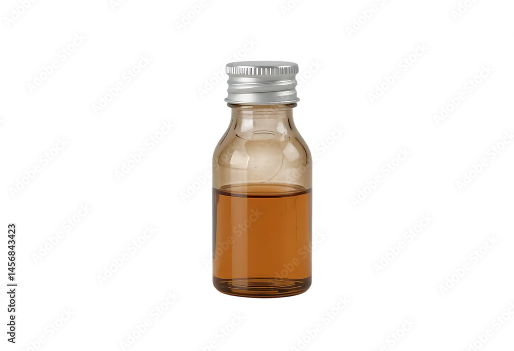 Small Amber Glass Vial with Transparent Liquid and Silver Cap isolated on transparent background Small Amber Glass Vial with Transparent Liquid and Silver Cap isolated on transparent background