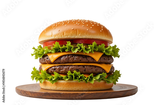 Tasty Big Burger with Layers of Meat and Vegetables isolated on transparent background
