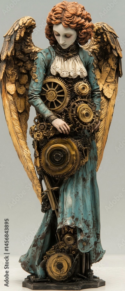 Obraz premium Steampunk Angel Sculpture with Bronze and Gold Gears