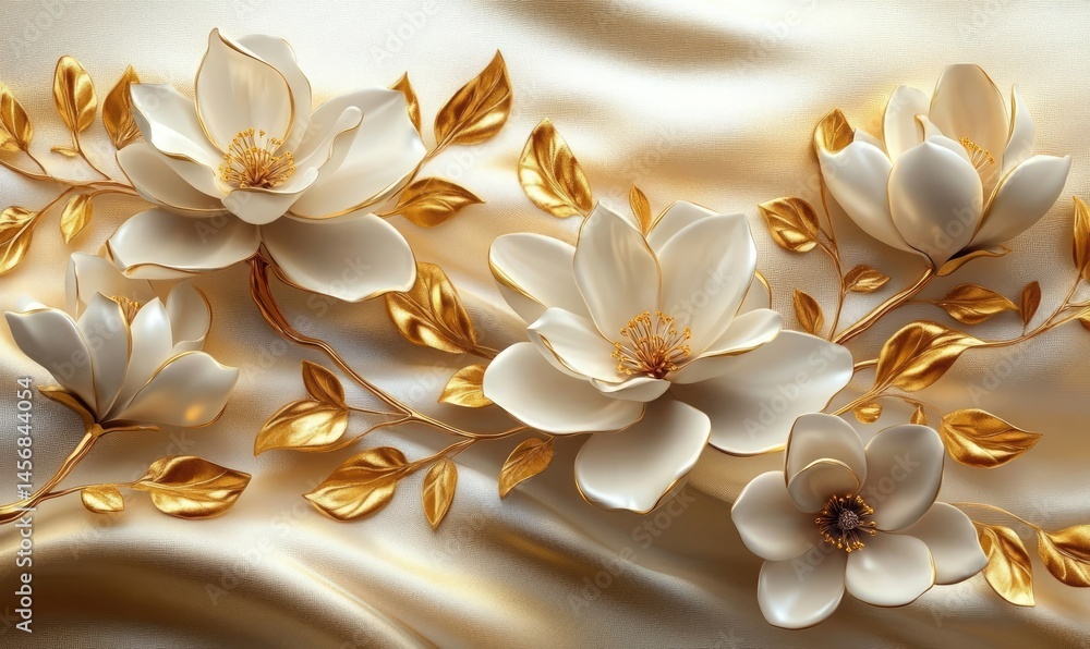Fototapeta premium Elegant White Flowers With Golden Leaves On Cream Silk Fabric. Floral Art