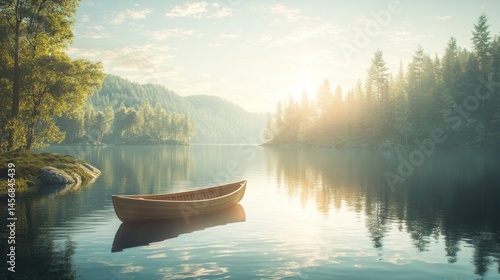 Tranquil lake scene with a wooden canoe.  Sunrise over a serene forest lake