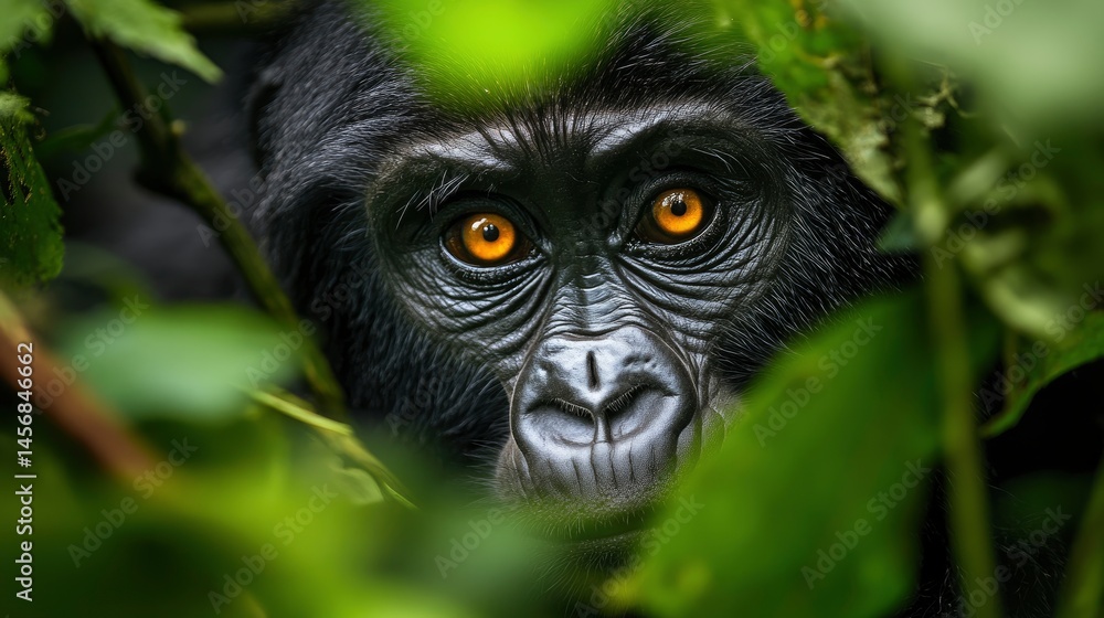 Intense Gaze Of A Gorilla, Framed By Lush Green Foliage. Focus On Captivating, Golden Eyes, Embodying Raw Nature. Intense Gaze Of A Gorilla, Framed By Lush Green Foliage. Focus On Captivating, Golden Eyes, Embodying Raw Nature.