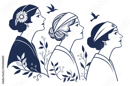 Elegant Vector Illustration of Three Women in Art Deco Style with Floral Accents and Birds in Flight.