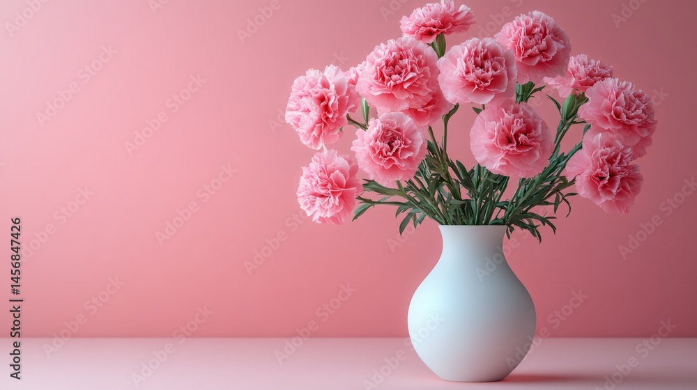 Pink carnation bouquet in white vase against soft pink background wall. Pink carnation bouquet in white vase against soft pink background wall.
