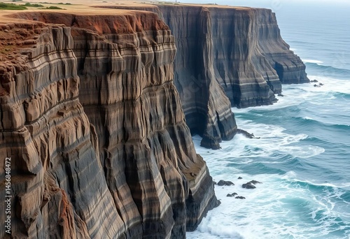 Dramatic Atlantic coastline cliffs, rugged texture, ocean waves crashing, water, spray