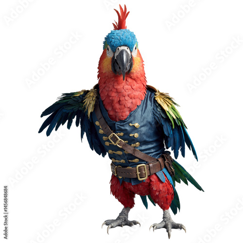 Parrot wearing a 17th century pirate outfit and eyepatch as male with medium build body shape in transparent background transparent background isolated png stock