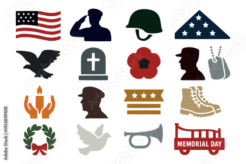 Memorial Day Icons USA Military Tribute Symbols Patriotic Honor Graphics
