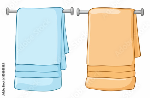 Two bath towels hanging on a rack. Vector Image