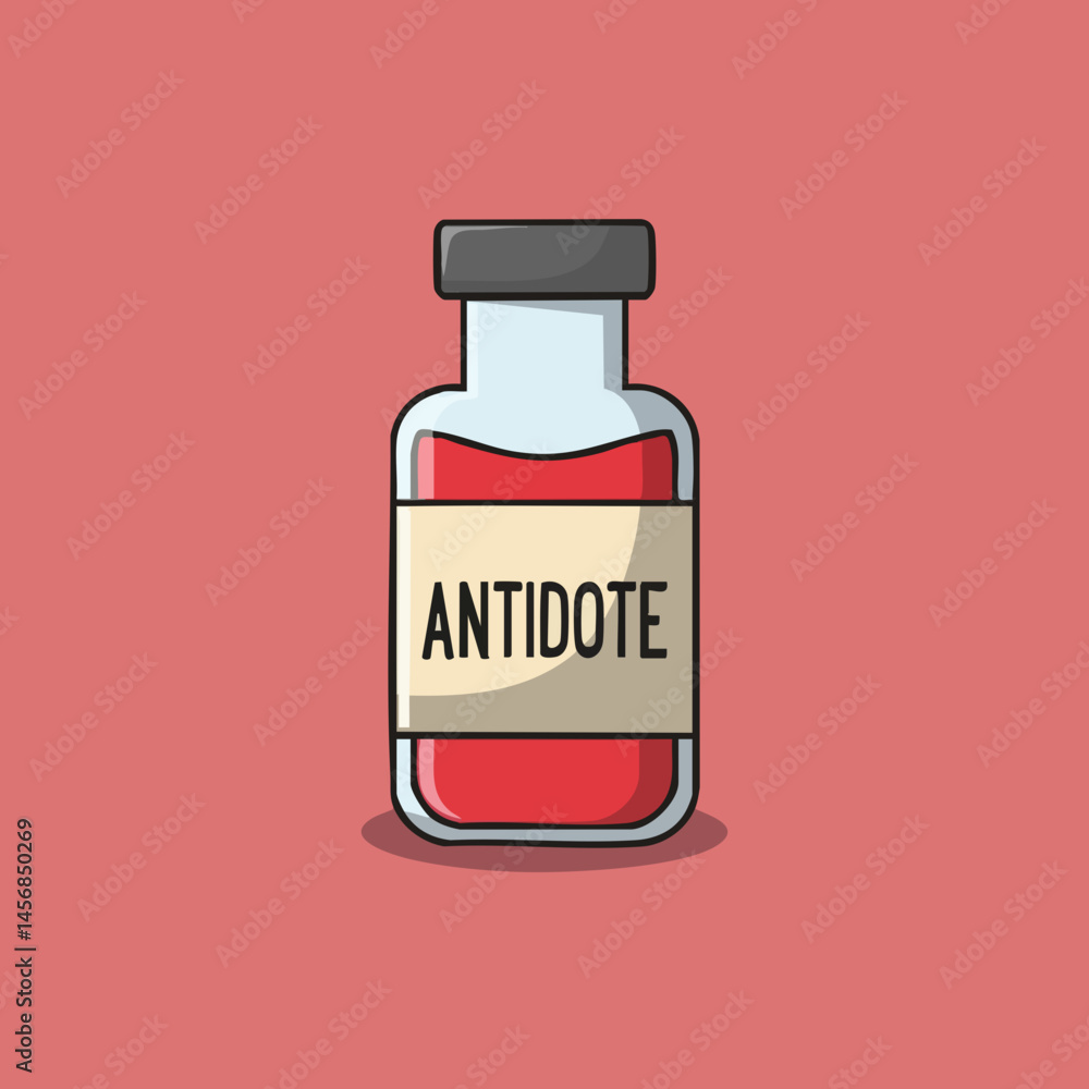 Red Liquid in Glass Bottle Labeled Antidote. Vector Image Red Liquid in Glass Bottle Labeled Antidote. Vector Image
